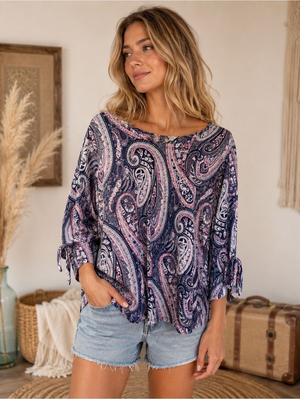 Paisley Tie-Sleeve Blouse - Navy & Pink